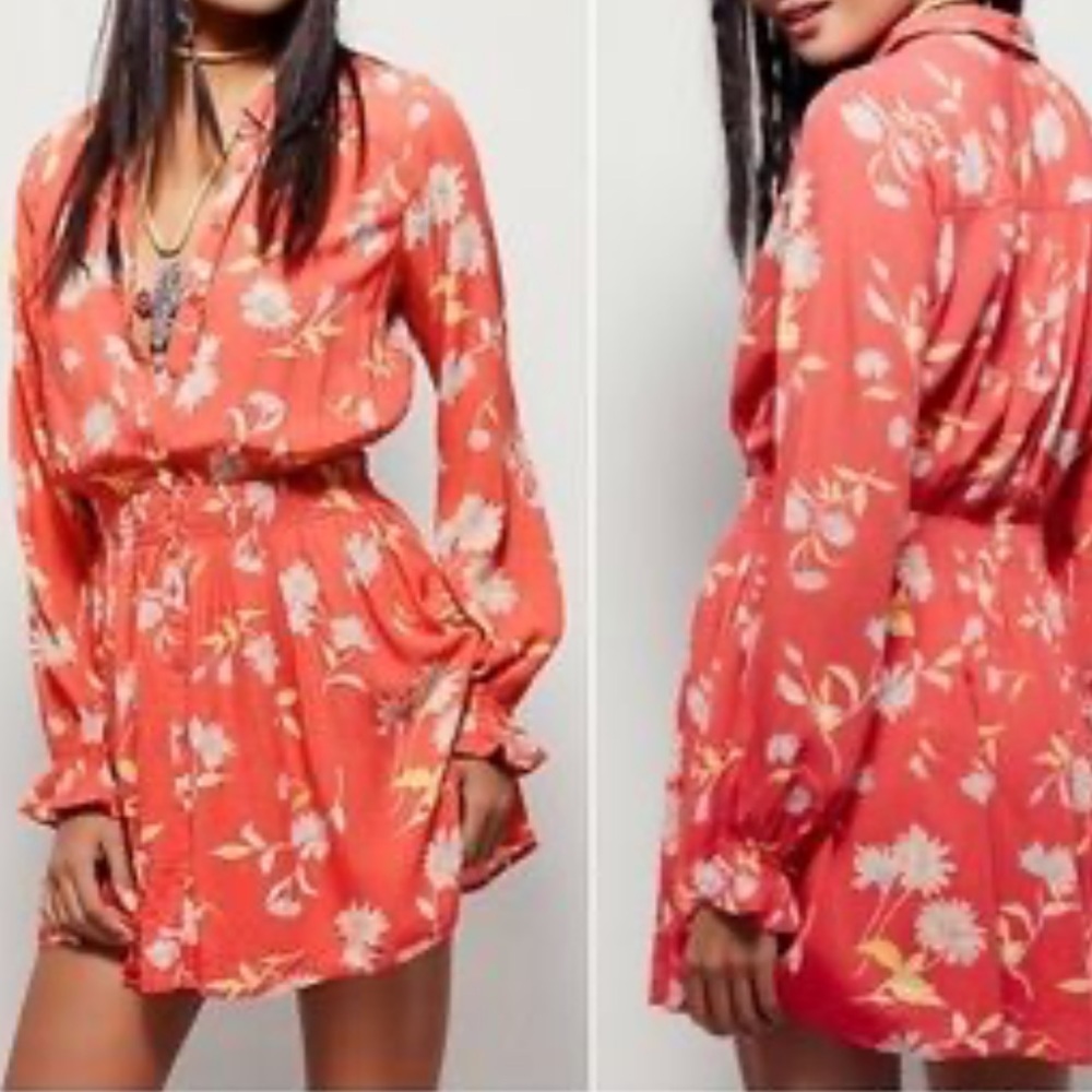 Free People peach floral dress small long sleeve boho bohemian